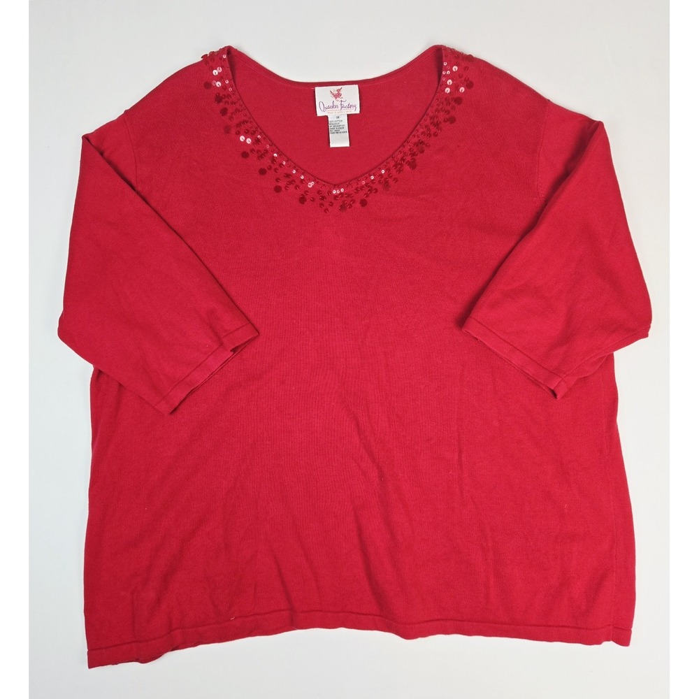 Womens Quacker Factory shirt sz 3X red light sweater sequin neckline